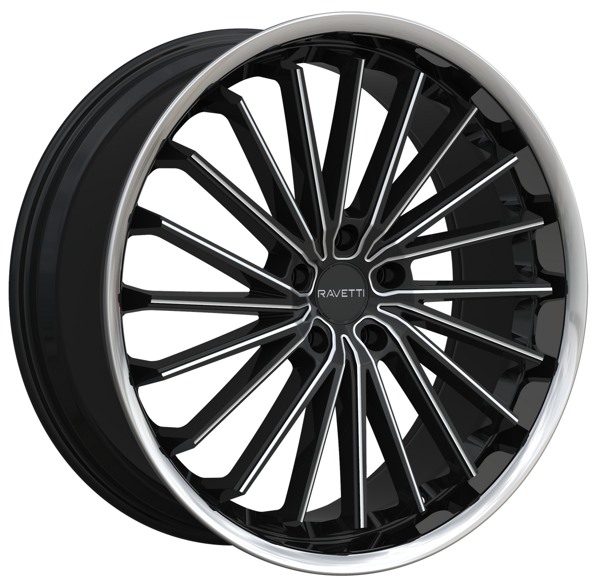 RAVETTI Style M14 20" x 10" Black And Milled Stainless Lip Wheels