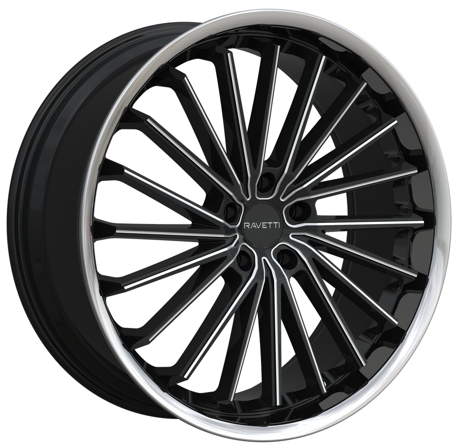 RAVETTI Style M14 20" x 10" Black And Milled Stainless Lip Wheels